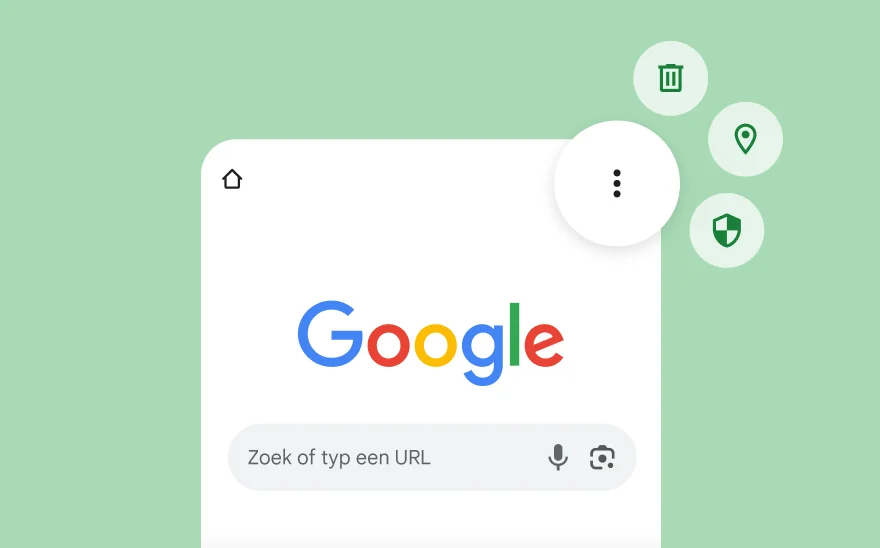 Een screenshot van de Google-zoekpagina, inclusief iconen voor YouTube, Gmail, Google Maps en andere Google-producten.